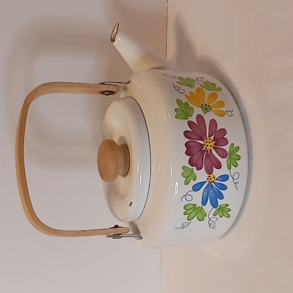 Vintage Floral MCM White Enamel And Wood Teapot/Kettle - Picture 3 of 12